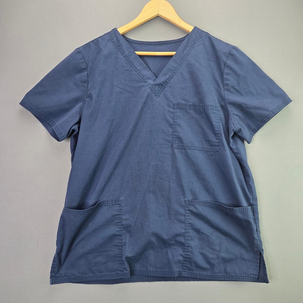 Scrub Top V-Neck 3-Pocket Navy Blue Size L Medical Uniform Short Sleeve Shirt